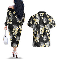 Black Tropical Hawaii Couples Matching Off The Shoulder Long Sleeve Dress and Hawaiian Shirt Seamless Monstera Plumeria Hawaiian Pattern - Polynesian Pride