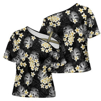Black Tropical Hawaii Cross Shoulder Shirt Seamless Monstera Plumeria Hawaiian Pattern - Polynesian Pride