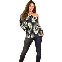 Black Tropical Hawaii Off Shoulder Sweater Seamless Monstera Plumeria Hawaiian Pattern - Polynesian Pride