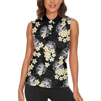 Black Tropical Hawaii Women Sleeveless Polo Shirt Seamless Monstera Plumeria Hawaiian Pattern - Polynesian Pride