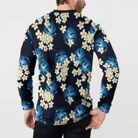 Blue Tropical Hawaii Button Sweatshirt Seamless Monstera Plumeria Hawaiian Pattern - Polynesian Pride