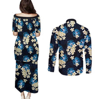 Blue Tropical Hawaii Couples Matching Puletasi and Long Sleeve Button Shirt Seamless Monstera Plumeria Hawaiian Pattern - Polynesian Pride