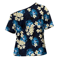 Blue Tropical Hawaii Cross Shoulder Shirt Seamless Monstera Plumeria Hawaiian Pattern - Polynesian Pride