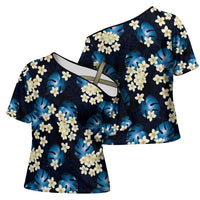 Blue Tropical Hawaii Cross Shoulder Shirt Seamless Monstera Plumeria Hawaiian Pattern - Polynesian Pride