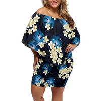 Blue Tropical Hawaii Family Matching Off Shoulder Short Dress and Hawaiian Shirt Seamless Monstera Plumeria Hawaiian Pattern LT14 Mom's Dress Blue - Polynesian Pride
