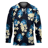 Blue Tropical Hawaii Hockey Jersey Seamless Monstera Plumeria Hawaiian Pattern - Polynesian Pride
