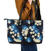 Blue Tropical Hawaii Leather Tote Bag Seamless Monstera Plumeria Hawaiian Pattern - Polynesian Pride