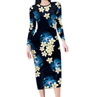 Blue Tropical Hawaii Long Sleeve Bodycon Dress Seamless Monstera Plumeria Hawaiian Pattern LT14 Long Dress Blue - Polynesian Pride