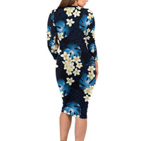 Blue Tropical Hawaii Long Sleeve Bodycon Dress Seamless Monstera Plumeria Hawaiian Pattern LT14 - Polynesian Pride