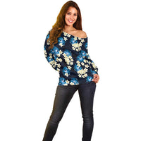 Blue Tropical Hawaii Off Shoulder Sweater Seamless Monstera Plumeria Hawaiian Pattern - Polynesian Pride