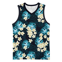 Dark Cyan Tropical Hawaii Basketball Jersey Seamless Monstera Plumeria Hawaiian Pattern - Polynesian Pride
