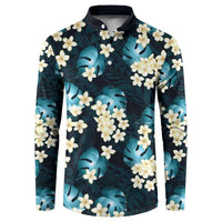 Dark Cyan Tropical Hawaii Button Sweatshirt Seamless Monstera Plumeria Hawaiian Pattern - Polynesian Pride
