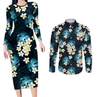 Dark Cyan Tropical Hawaii Couples Matching Long Sleeve Bodycon Dress and Long Sleeve Button Shirt Seamless Monstera Plumeria Hawaiian Pattern - Polynesian Pride
