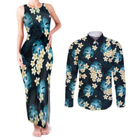 Dark Cyan Tropical Hawaii Couples Matching Tank Maxi Dress and Long Sleeve Button Shirt Seamless Monstera Plumeria Hawaiian Pattern - Polynesian Pride
