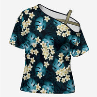 Dark Cyan Tropical Hawaii Cross Shoulder Shirt Seamless Monstera Plumeria Hawaiian Pattern - Polynesian Pride