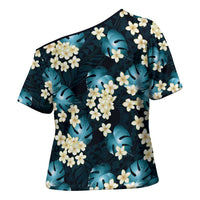 Dark Cyan Tropical Hawaii Cross Shoulder Shirt Seamless Monstera Plumeria Hawaiian Pattern - Polynesian Pride