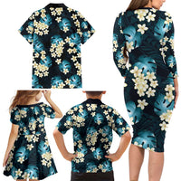 Dark Cyan Tropical Hawaii Family Matching Long Sleeve Bodycon Dress and Hawaiian Shirt Seamless Monstera Plumeria Hawaiian Pattern LT14 - Polynesian Pride
