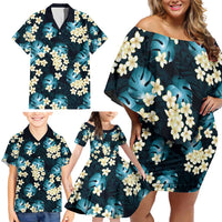 Dark Cyan Tropical Hawaii Family Matching Off Shoulder Short Dress and Hawaiian Shirt Seamless Monstera Plumeria Hawaiian Pattern LT14 - Polynesian Pride