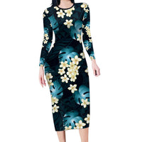 Dark Cyan Tropical Hawaii Long Sleeve Bodycon Dress Seamless Monstera Plumeria Hawaiian Pattern - Polynesian Pride