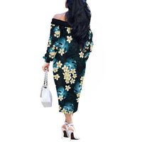 Dark Cyan Tropical Hawaii Off The Shoulder Long Sleeve Dress Seamless Monstera Plumeria Hawaiian Pattern LT14 - Polynesian Pride