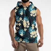 Dark Cyan Tropical Hawaii Sleeveless Hoodie Seamless Monstera Plumeria Hawaiian Pattern - Polynesian Pride