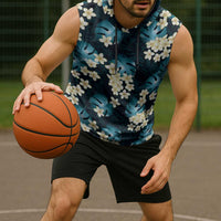 Dark Cyan Tropical Hawaii Sleeveless Hoodie Seamless Monstera Plumeria Hawaiian Pattern - Polynesian Pride