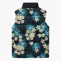 Dark Cyan Tropical Hawaii Sleeveless Puffer Jacket Seamless Monstera Plumeria Hawaiian Pattern - Polynesian Pride
