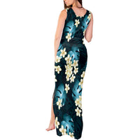 Dark Cyan Tropical Hawaii Tank Maxi Dress Seamless Monstera Plumeria Hawaiian Pattern - Polynesian Pride