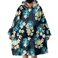 Dark Cyan Tropical Hawaii Wearable Blanket Hoodie Seamless Monstera Plumeria Hawaiian Pattern - Polynesian Pride