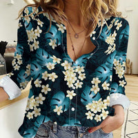 Dark Cyan Tropical Hawaii Women Casual Shirt Seamless Monstera Plumeria Hawaiian Pattern - Polynesian Pride