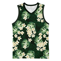 Green Tropical Hawaii Basketball Jersey Seamless Monstera Plumeria Hawaiian Pattern - Polynesian Pride