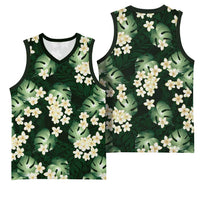 Green Tropical Hawaii Basketball Jersey Seamless Monstera Plumeria Hawaiian Pattern - Polynesian Pride