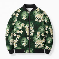 Green Tropical Hawaii Bomber Puffer Jacket Seamless Monstera Plumeria Hawaiian Pattern - Polynesian Pride