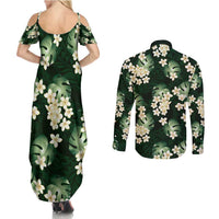 Green Tropical Hawaii Couples Matching Summer Maxi Dress and Long Sleeve Button Shirt Seamless Monstera Plumeria Hawaiian Pattern - Polynesian Pride