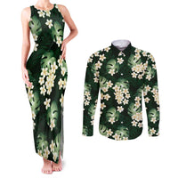 Green Tropical Hawaii Couples Matching Tank Maxi Dress and Long Sleeve Button Shirt Seamless Monstera Plumeria Hawaiian Pattern - Polynesian Pride