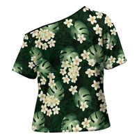 Green Tropical Hawaii Cross Shoulder Shirt Seamless Monstera Plumeria Hawaiian Pattern - Polynesian Pride
