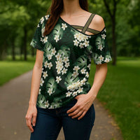 Green Tropical Hawaii Cross Shoulder Shirt Seamless Monstera Plumeria Hawaiian Pattern - Polynesian Pride