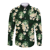 Green Tropical Hawaii Long Sleeve Button Shirt Seamless Monstera Plumeria Hawaiian Pattern - Polynesian Pride