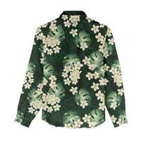 Green Tropical Hawaii Women Casual Shirt Seamless Monstera Plumeria Hawaiian Pattern - Polynesian Pride