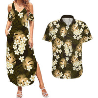 Gold Tropical Hawaii Couples Matching Summer Maxi Dress and Hawaiian Shirt Seamless Monstera Plumeria Hawaiian Pattern - Polynesian Pride