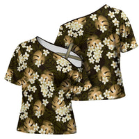 Gold Tropical Hawaii Cross Shoulder Shirt Seamless Monstera Plumeria Hawaiian Pattern - Polynesian Pride