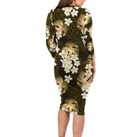 Gold Tropical Hawaii Family Matching Long Sleeve Bodycon Dress and Hawaiian Shirt Seamless Monstera Plumeria Hawaiian Pattern LT14 - Polynesian Pride