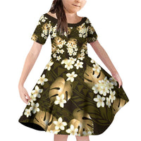 Gold Tropical Hawaii Family Matching Off Shoulder Short Dress and Hawaiian Shirt Seamless Monstera Plumeria Hawaiian Pattern LT14 Daughter's Dress Gold - Polynesian Pride