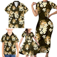 Gold Tropical Hawaii Family Matching Short Sleeve Bodycon Dress and Hawaiian Shirt Seamless Monstera Plumeria Hawaiian Pattern LT14 - Polynesian Pride
