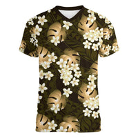 Gold Tropical Hawaii Women V-Neck T-Shirt Seamless Monstera Plumeria Hawaiian Pattern LT14 Female Gold - Polynesian Pride