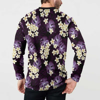 Purple Tropical Hawaii Button Sweatshirt Seamless Monstera Plumeria Hawaiian Pattern - Polynesian Pride