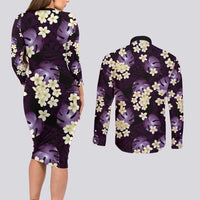 Purple Tropical Hawaii Couples Matching Long Sleeve Bodycon Dress and Long Sleeve Button Shirt Seamless Monstera Plumeria Hawaiian Pattern - Polynesian Pride