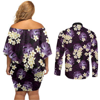 Purple Tropical Hawaii Couples Matching Off Shoulder Short Dress and Long Sleeve Button Shirt Seamless Monstera Plumeria Hawaiian Pattern - Polynesian Pride