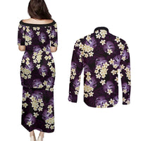 Purple Tropical Hawaii Couples Matching Puletasi and Long Sleeve Button Shirt Seamless Monstera Plumeria Hawaiian Pattern - Polynesian Pride