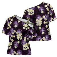Purple Tropical Hawaii Cross Shoulder Shirt Seamless Monstera Plumeria Hawaiian Pattern - Polynesian Pride